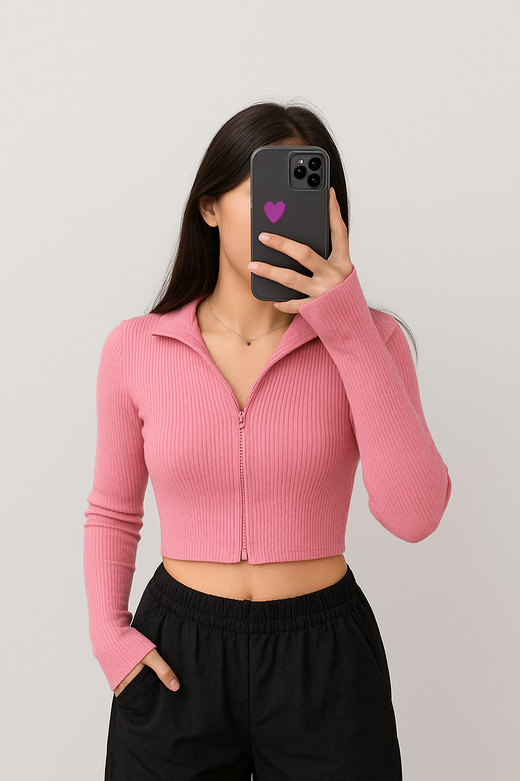 Stylish Ribbed Zip-Up Crop Top for Women – Long Sleeve (XS–XL)