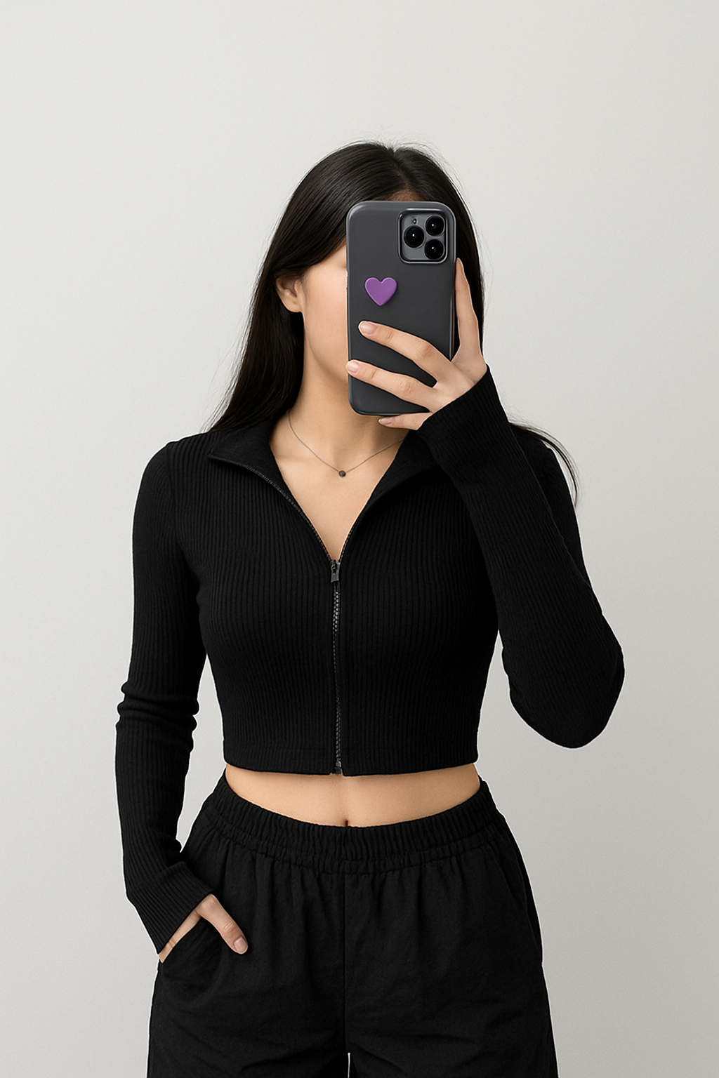 Stylish Ribbed Zip-Up Crop Top for Women – Long Sleeve (XS–XL)
