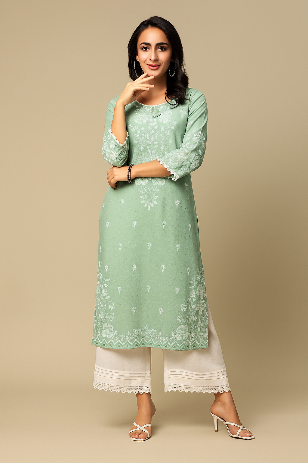 Embroidered Kurta Set with Palazzo for Women – Available in Mint Green, Black & Brown”