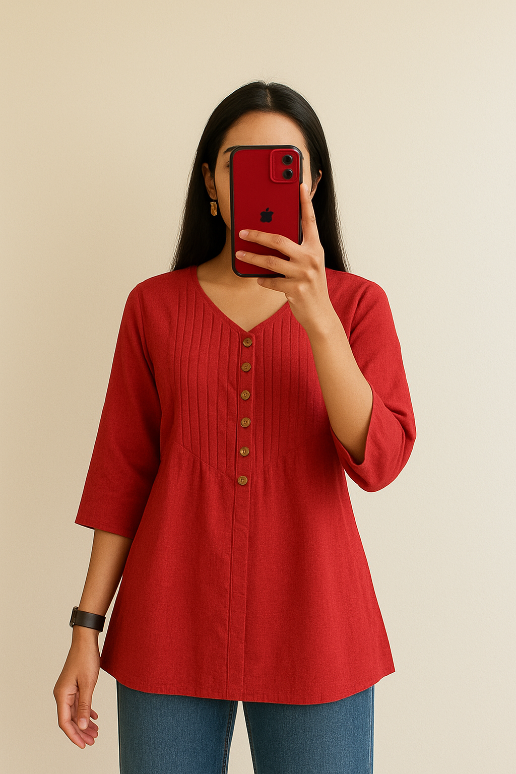 Women’s Cotton Kurti – 3/4 Sleeve, V-Neck, Multiple Colors & Sizes”