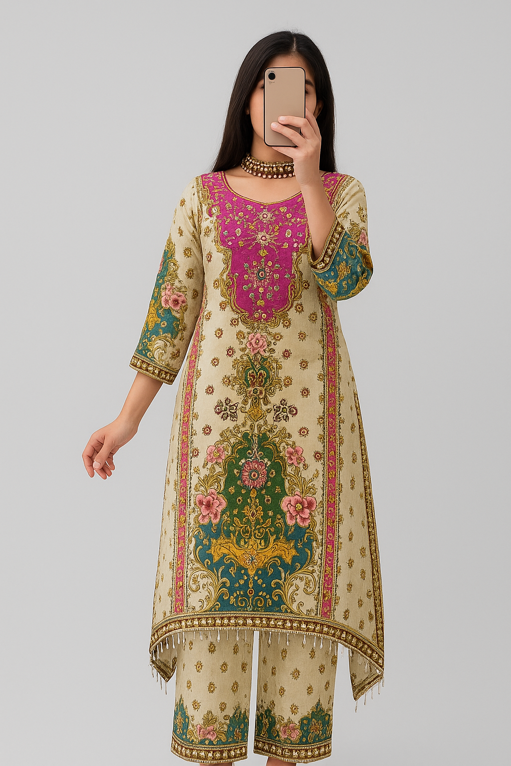 Women’s Embroidered Floral 2-Piece Kurta Set – Off White & Black”