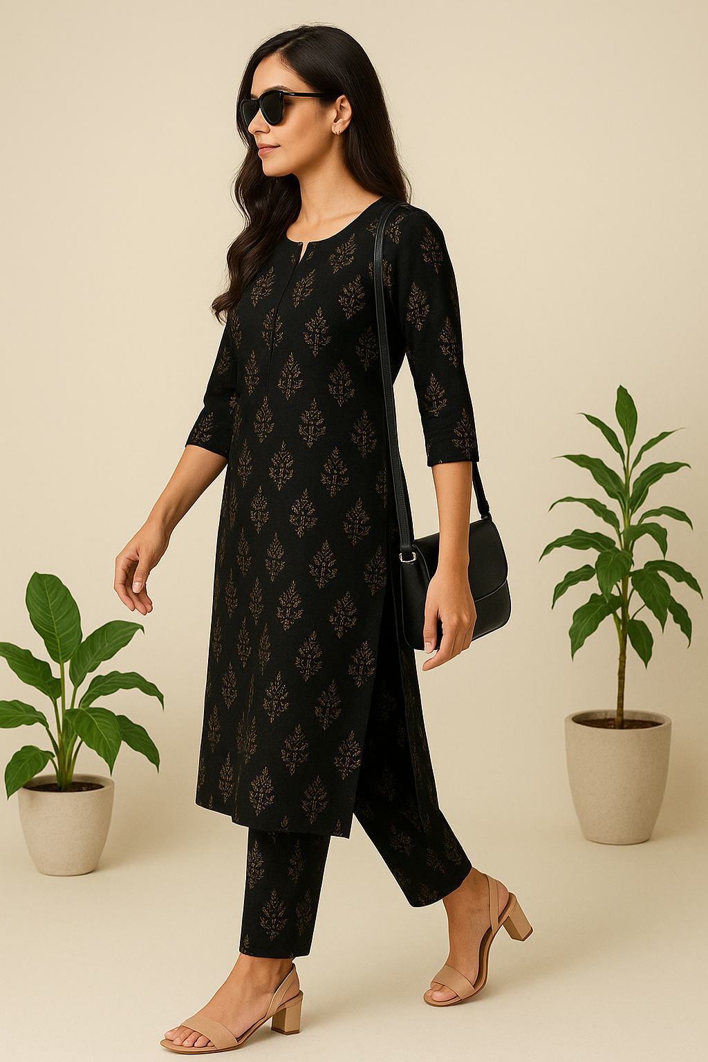 Black Golden Printed Kurti Set for Women with Stylish Heels & Side Bag – Premium Ethnic Wear”