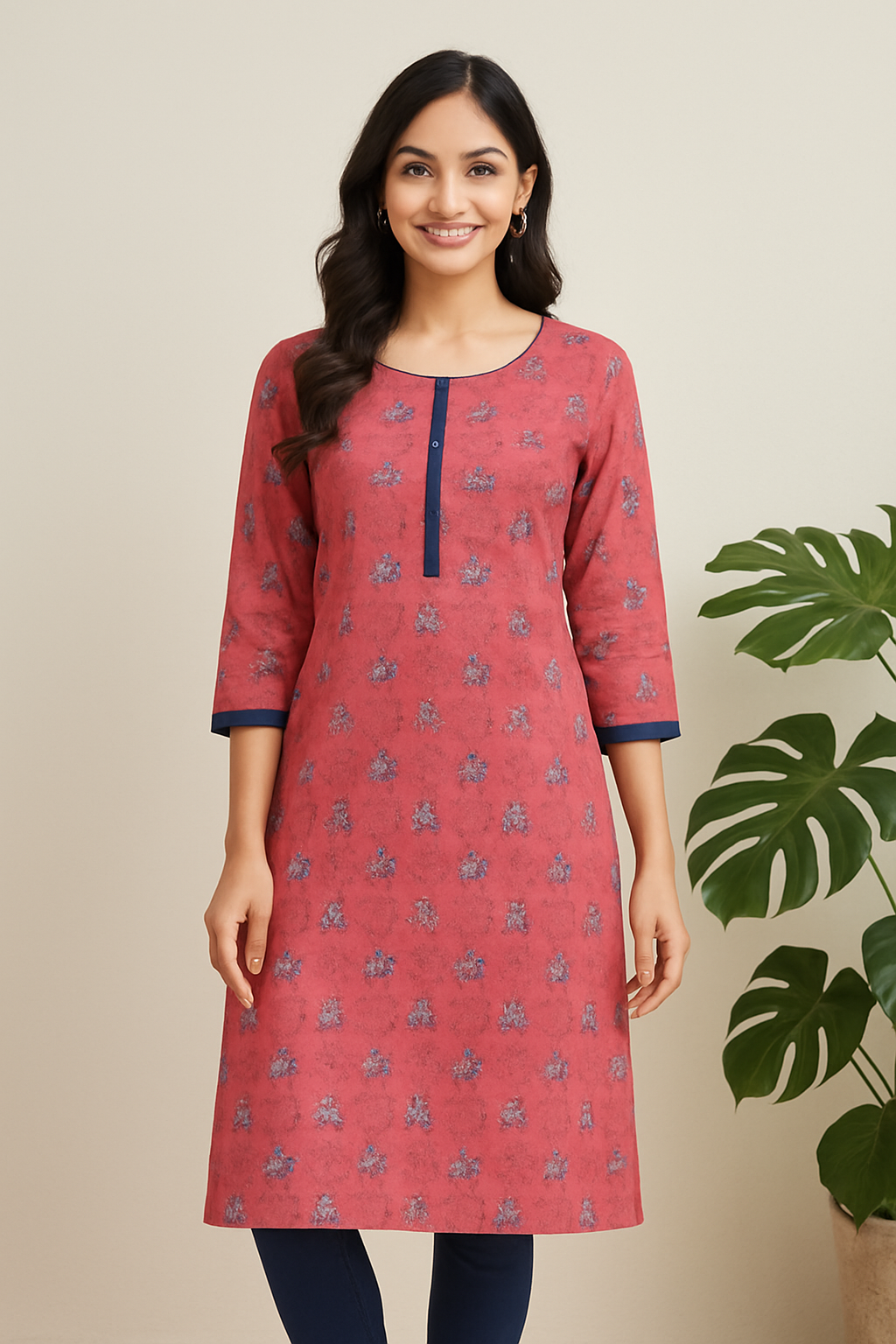 Women's Printed Straight Kurti with 3/4 Sleeves – Available in four colours