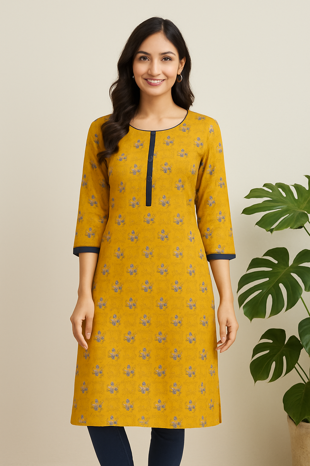 Women's Printed Straight Kurti with 3/4 Sleeves – Available in four colours