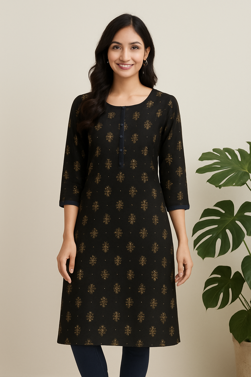 Women's Printed Straight Kurti with 3/4 Sleeves – Available in four colours