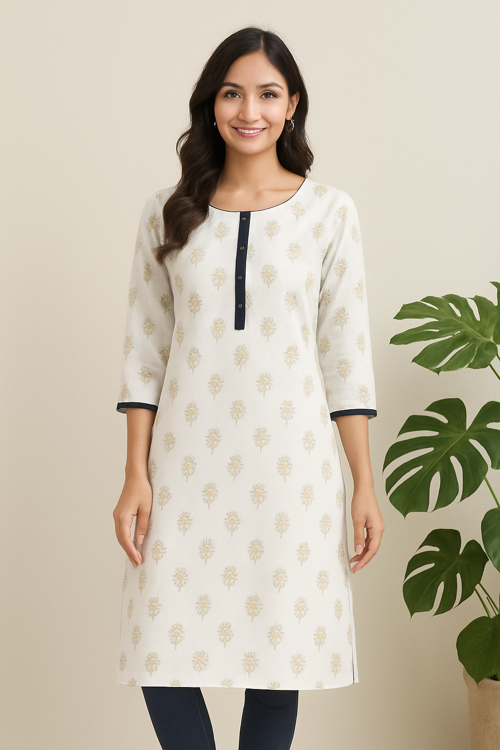 Women's Printed Straight Kurti with 3/4 Sleeves – Available in four colours