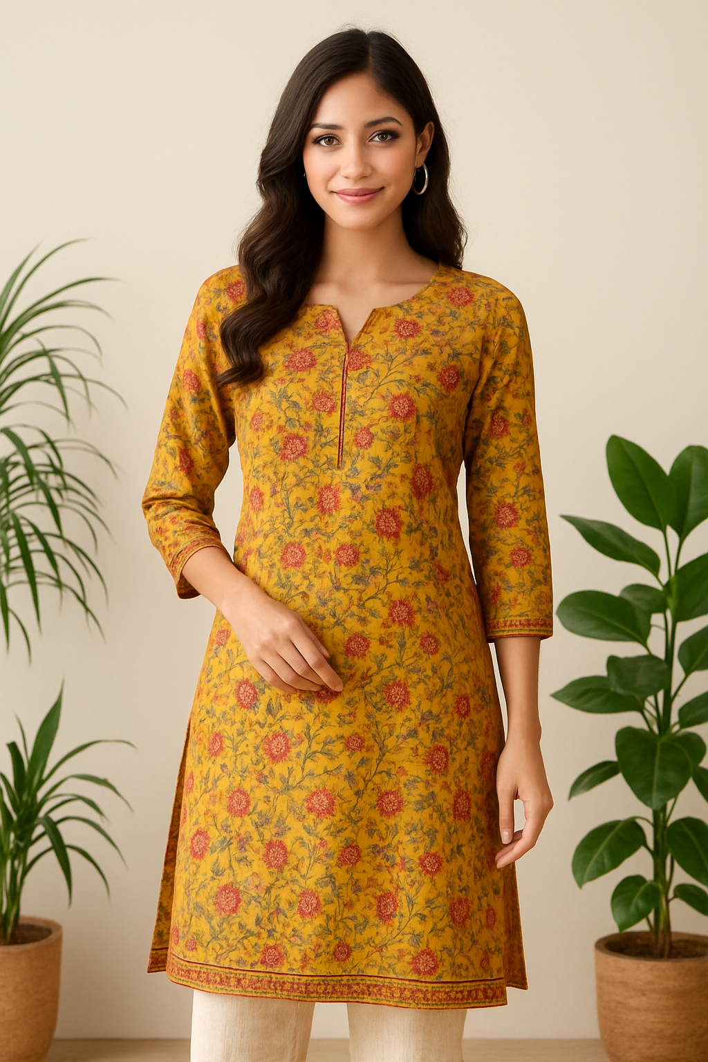 Floral Printed Cotton Kurti for Women – Yellow & Purple | Stylish Casual Wear Kurta
