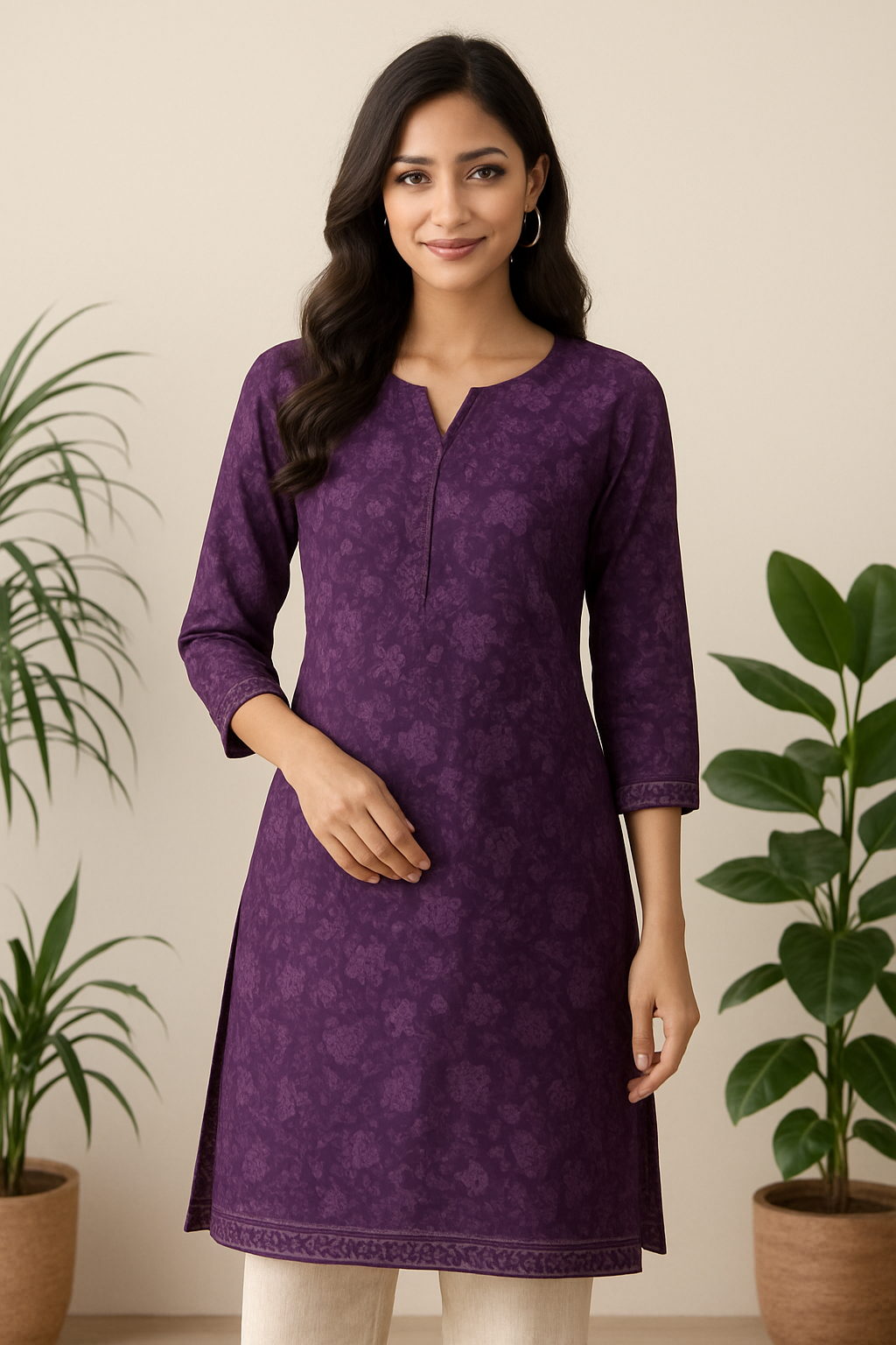 Floral Printed Cotton Kurti for Women – Yellow & Purple | Stylish Casual Wear Kurta