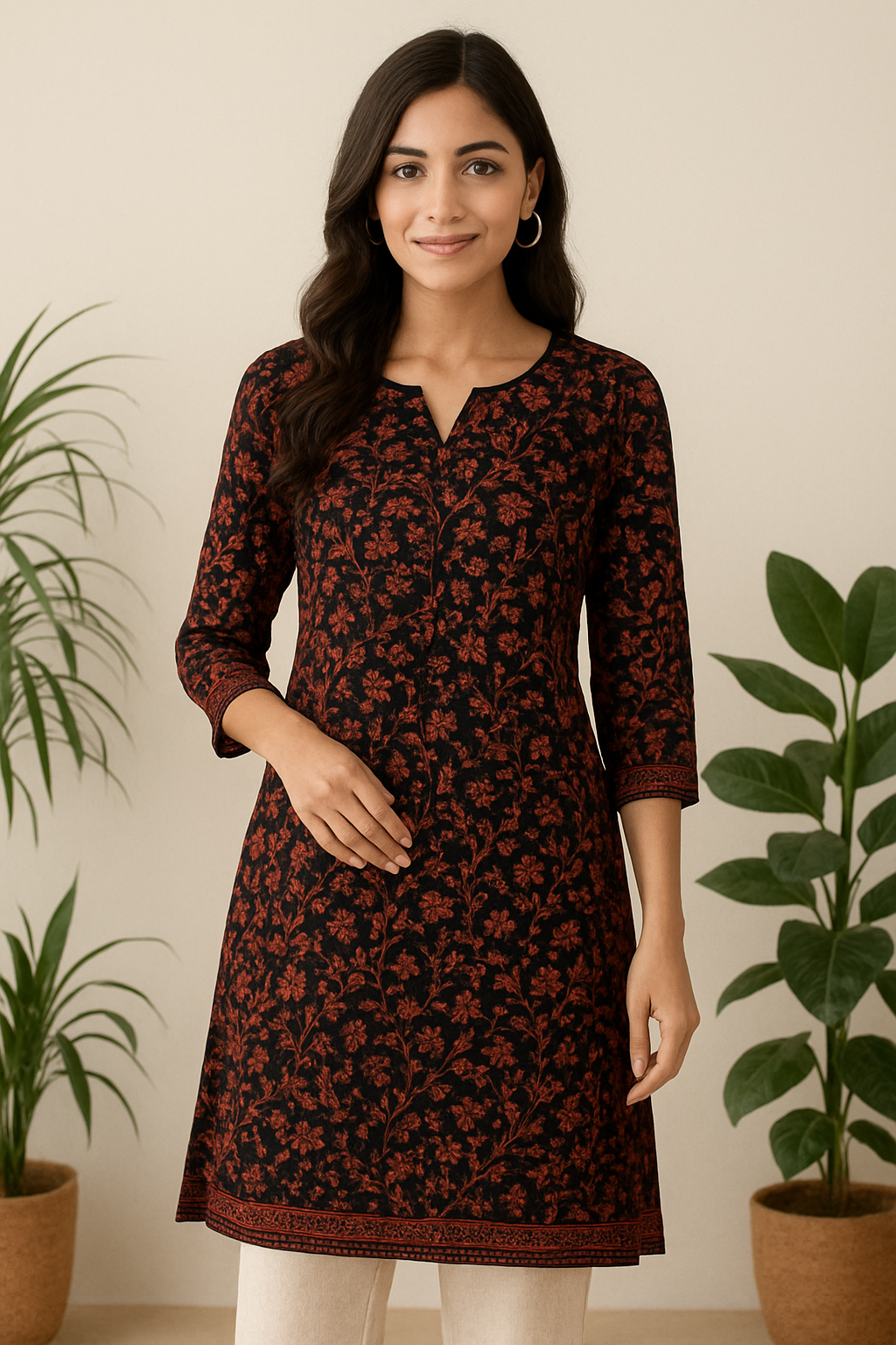 Floral Printed Cotton Kurti for Women –  White-Red & back| Stylish Daily Wear Straight Kurta"