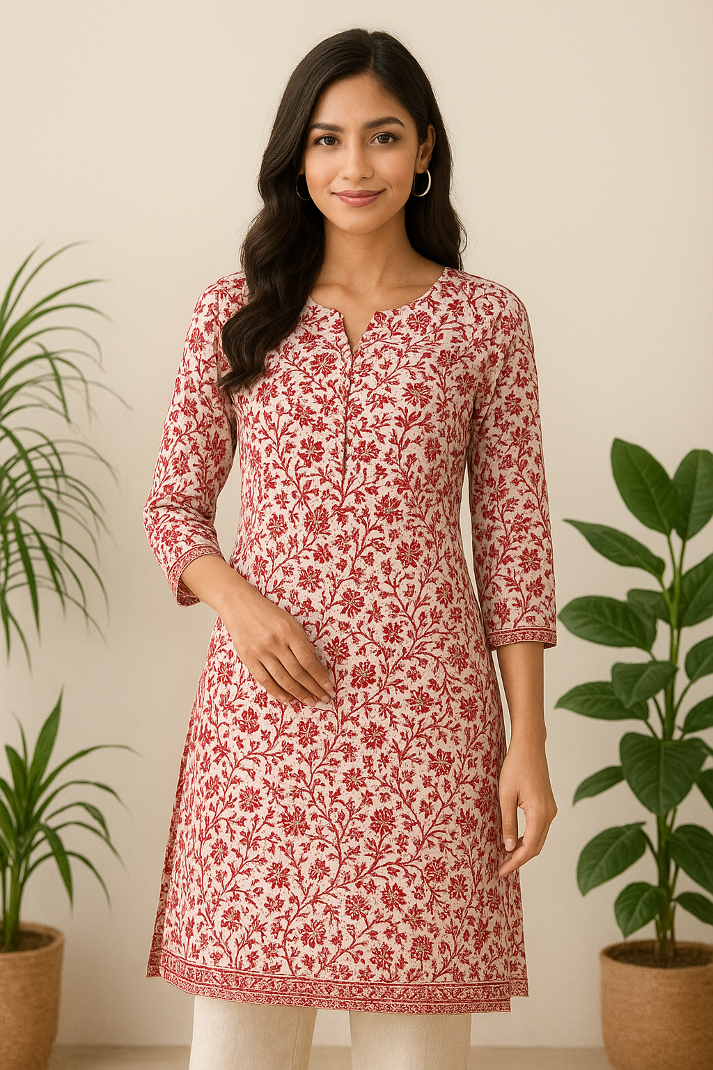 Floral Printed Cotton Kurti for Women –  White-Red & back| Stylish Daily Wear Straight Kurta"