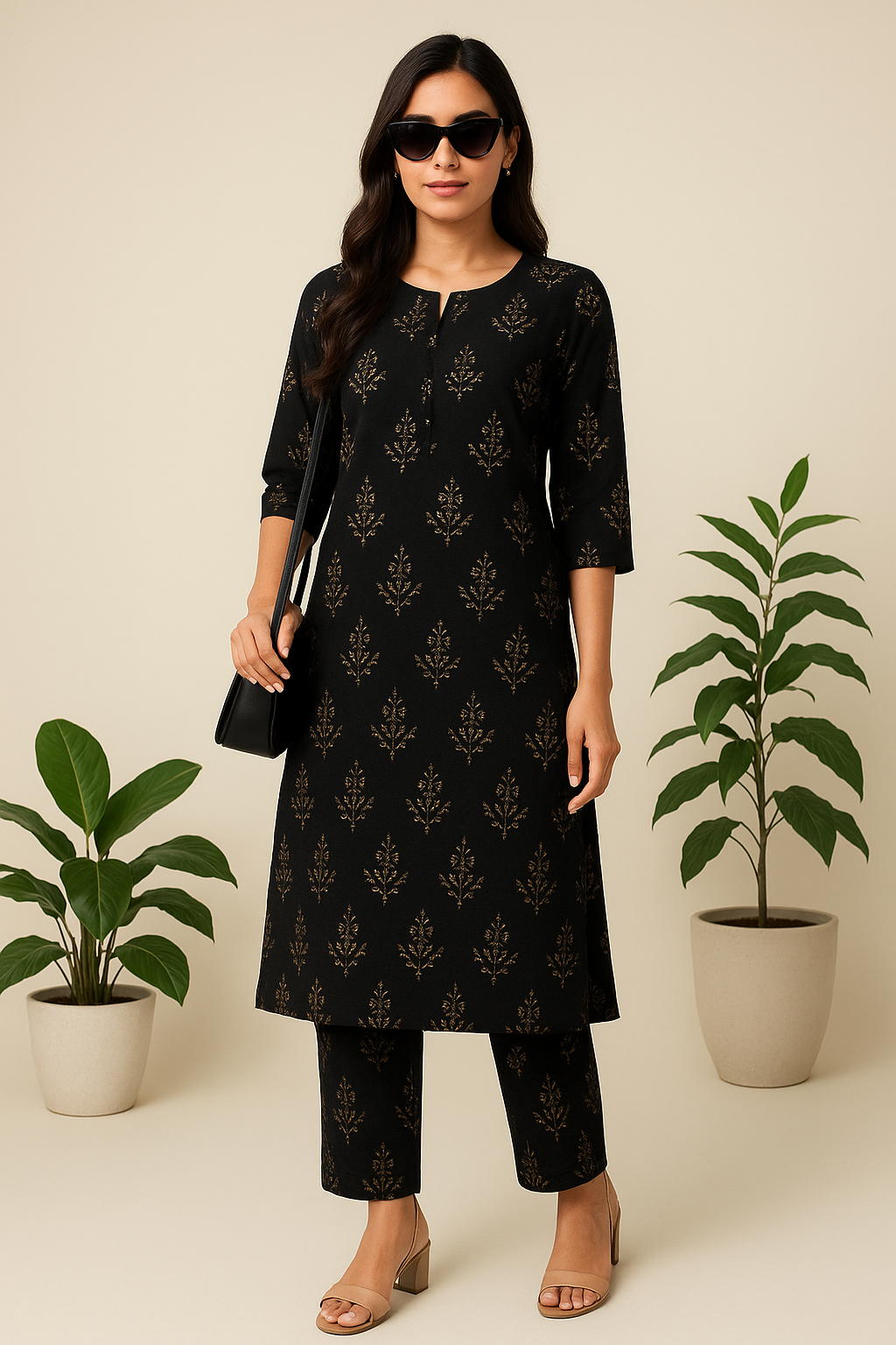 Black Golden Printed Kurti Set for Women with Stylish Heels & Side Bag – Premium Ethnic Wear”