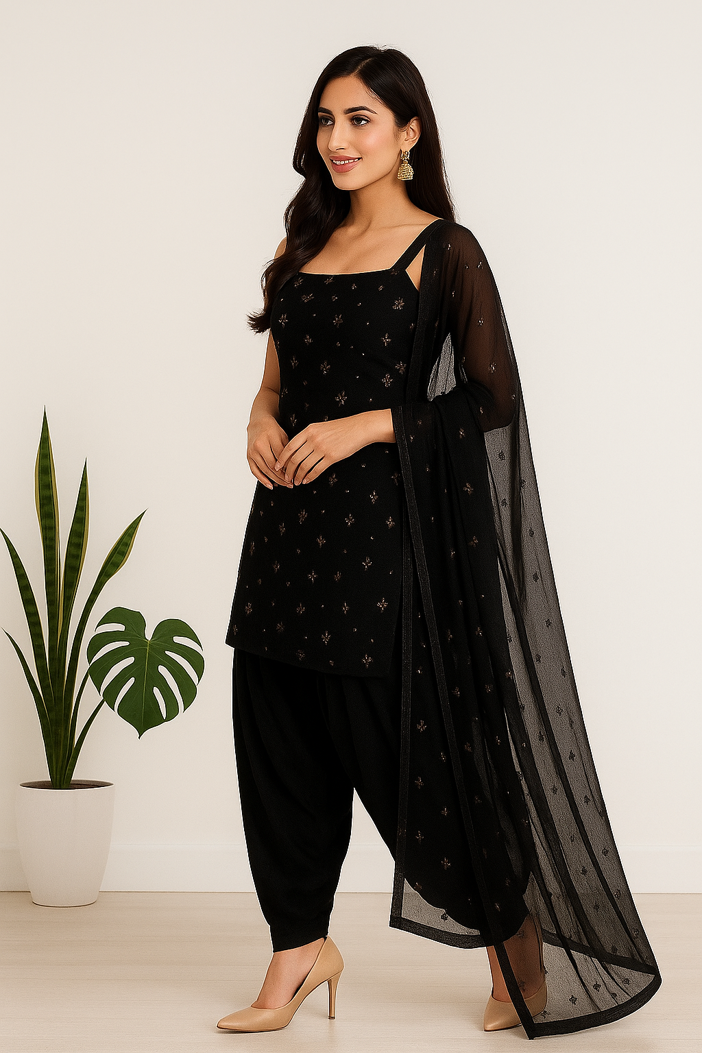 Women’s Black Embroidered Punjabi Patiala Suit with Dupatta