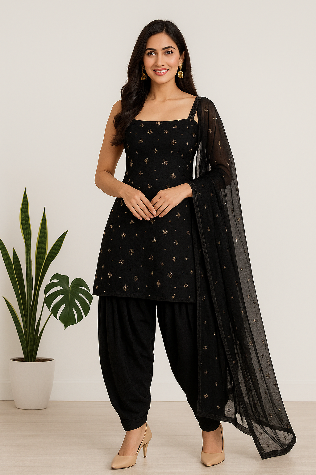 Women’s Black Embroidered Punjabi Patiala Suit with Dupatta