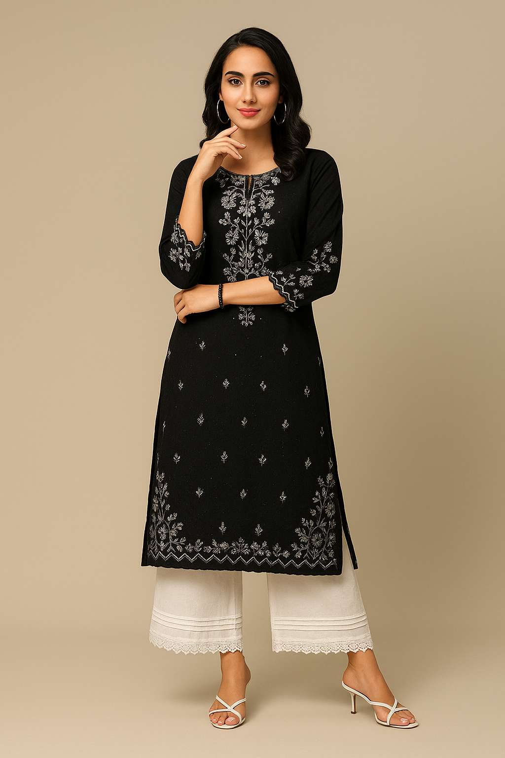Embroidered Kurta Set with Palazzo for Women – Available in Mint Green, Black & Brown”