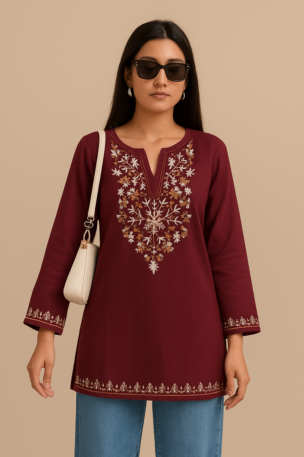 Premium Women’s Embroidered Kurti – Elegant Black & Maroon Colour