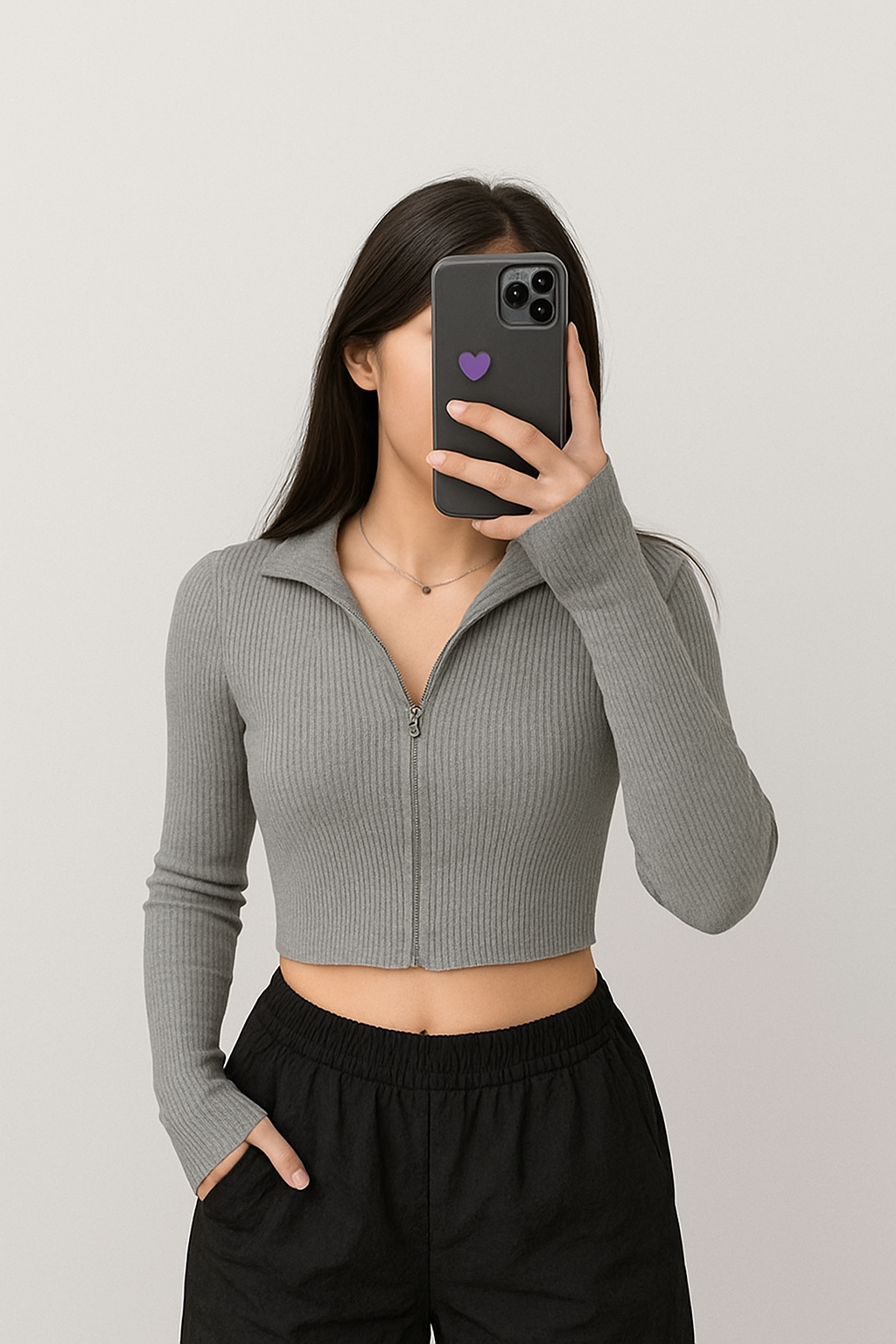 Stylish Ribbed Zip-Up Crop Top for Women – Long Sleeve (XS–XL)