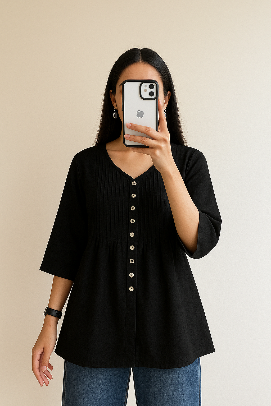 Women’s Cotton Kurti – 3/4 Sleeve, V-Neck, Multiple Colors & Sizes”