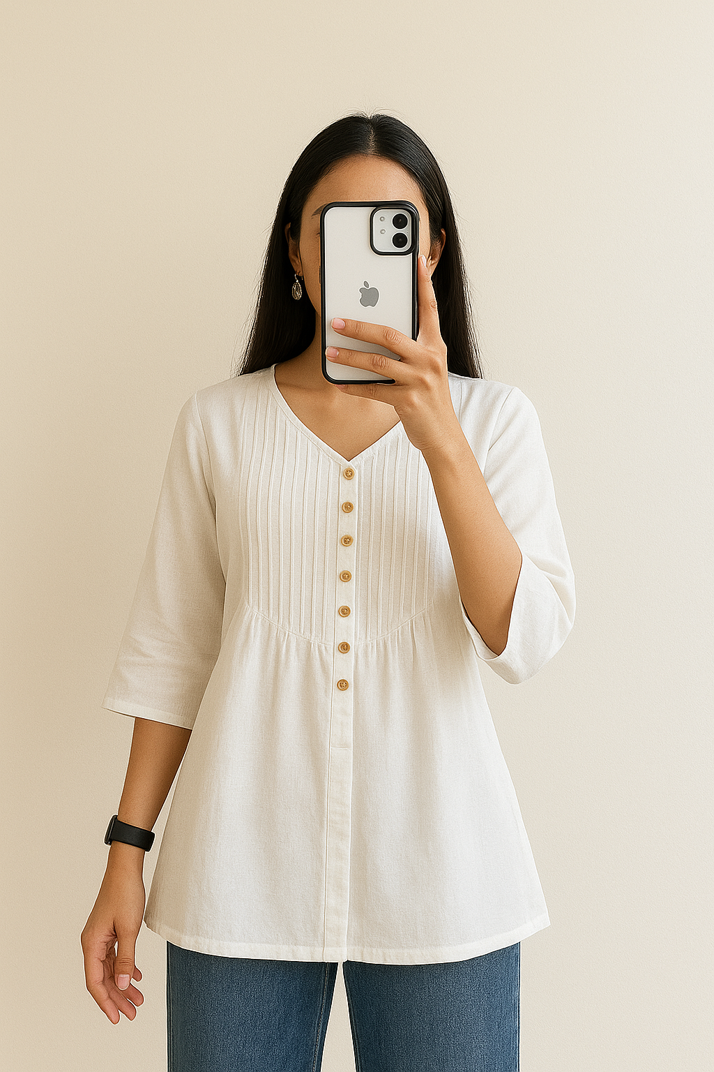 Women’s Cotton Kurti – 3/4 Sleeve, V-Neck, Multiple Colors & Sizes”