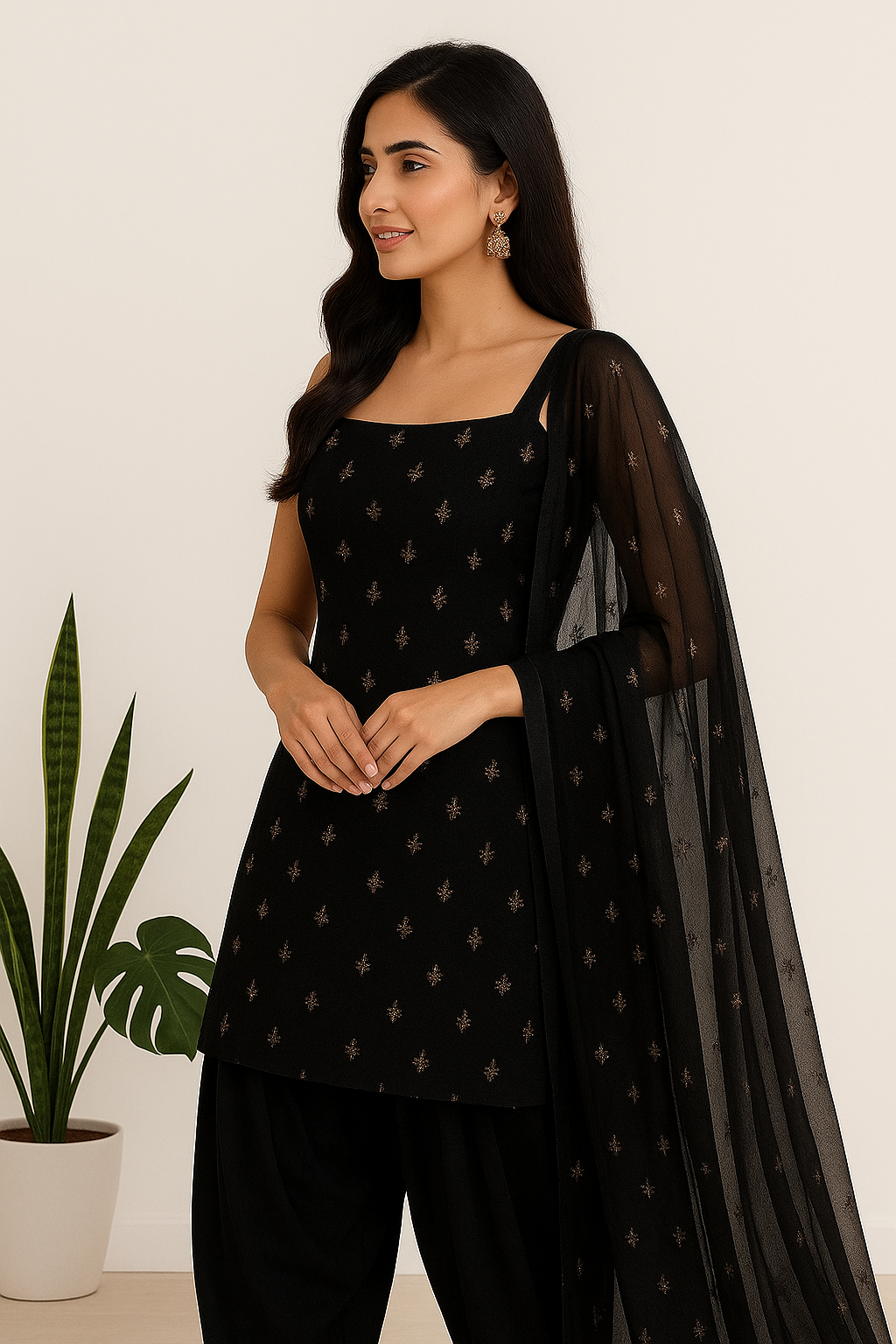 Women’s Black Embroidered Punjabi Patiala Suit with Dupatta