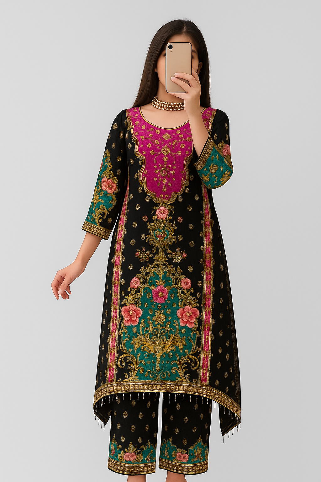 Women’s Embroidered Floral 2-Piece Kurta Set – Off White & Black”