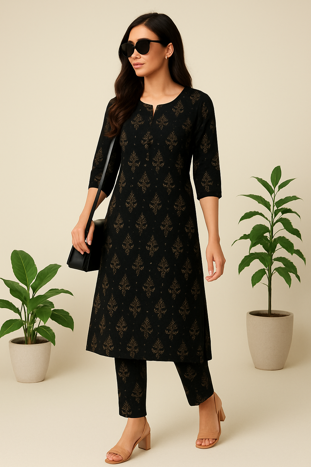 Black Golden Printed Kurti Set for Women with Stylish Heels & Side Bag – Premium Ethnic Wear”