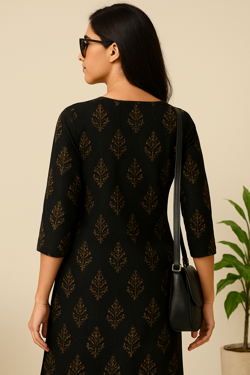 Black Golden Printed Kurti Set for Women with Stylish Heels & Side Bag – Premium Ethnic Wear”